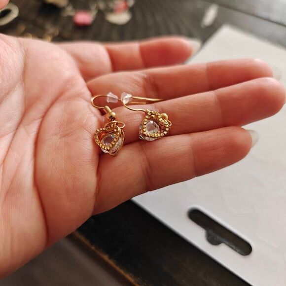 Dainty Gold Heart Crystal Earrings - Picture 2 of 2